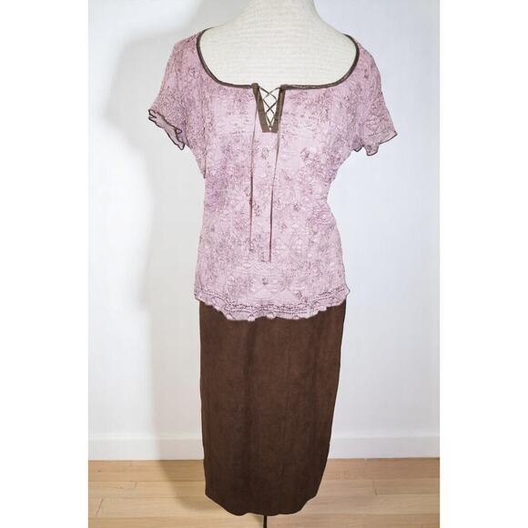 Dressbarn Pink Lace Peasant Top & Brown Midi Skirt Set XL Romantic Y2K Boho - Picture 2 of 14